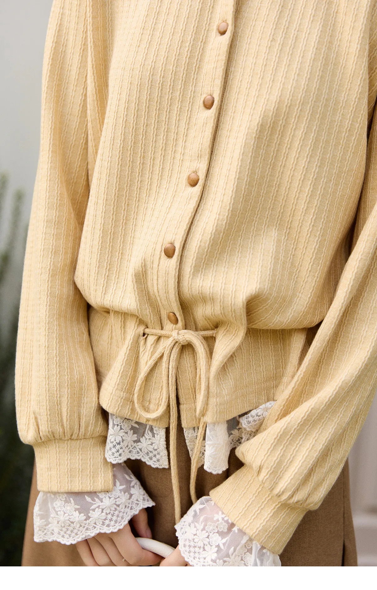 Mishow Yellow Ribbed Lace Trim Drawstring Cardigan MXF11Z2919