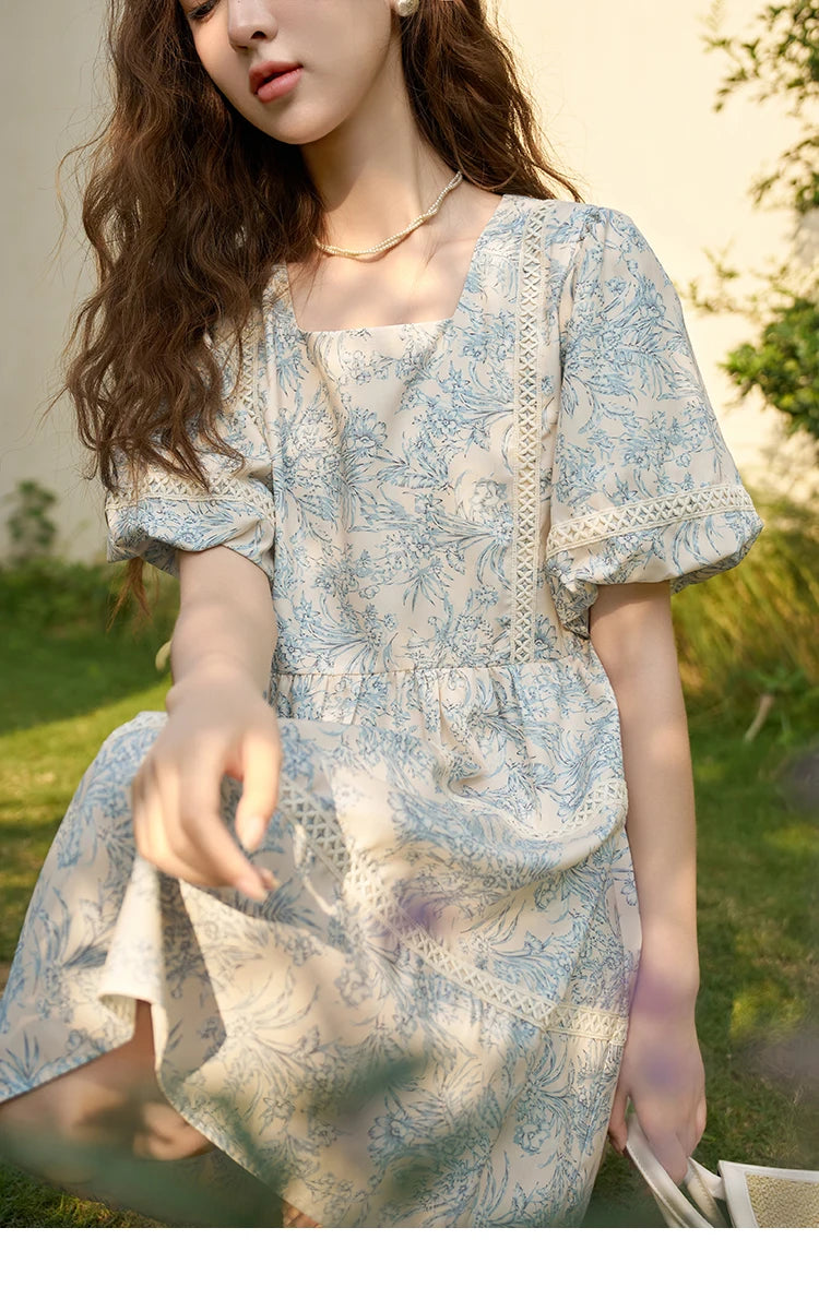 Mishow Square Collar Blue Floral Puff Sleeve Dress MXC38L1520