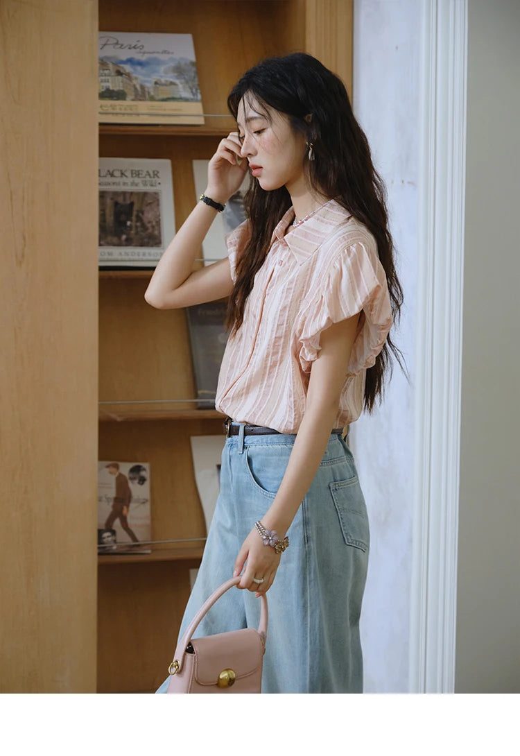 MISHOW Pink Turn-Down Collar Shirt Flower Bud Sleeve Striped MXD24C0204