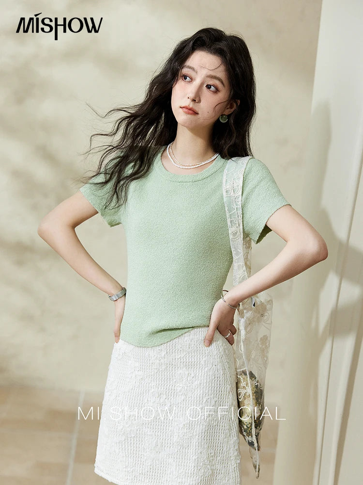 Mishow Back Hollow Pearl Button Knit Tee MXE13Z1072