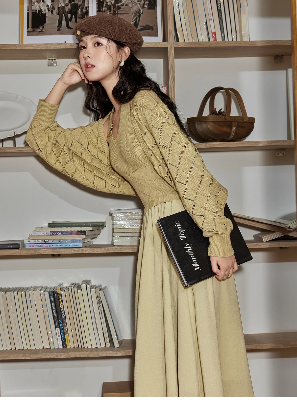Mishow Hanging Neck Dress & Hollow Knit Cardigan Set MPD42L2040