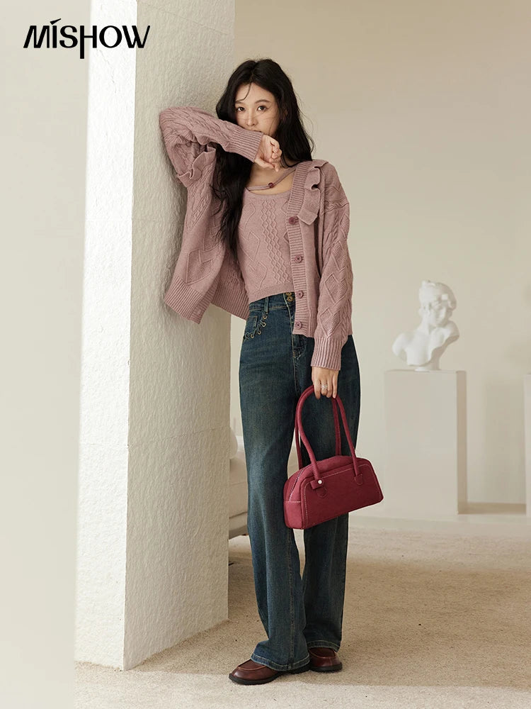 Mishow Pink Asymmetric Flounce Knit Vest Set MXD45Z0781