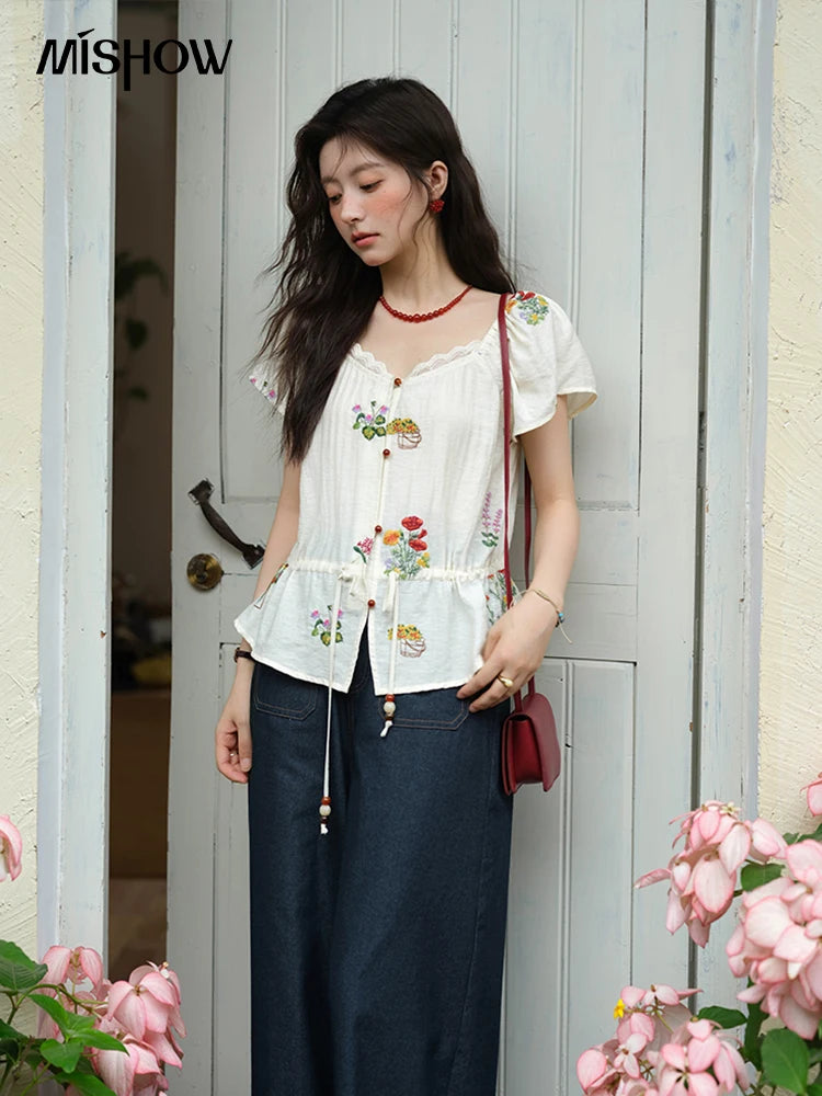 MISHOW Flower Embroidery Square Neck Lace Blouse MXE37X1895