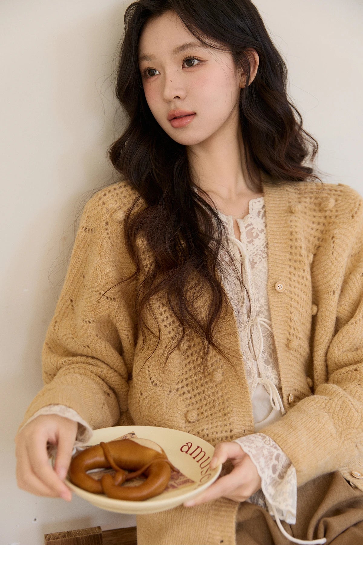 Mishow Hollow-out V-Neck Bobble Knit Cardigan MXF108Z1020