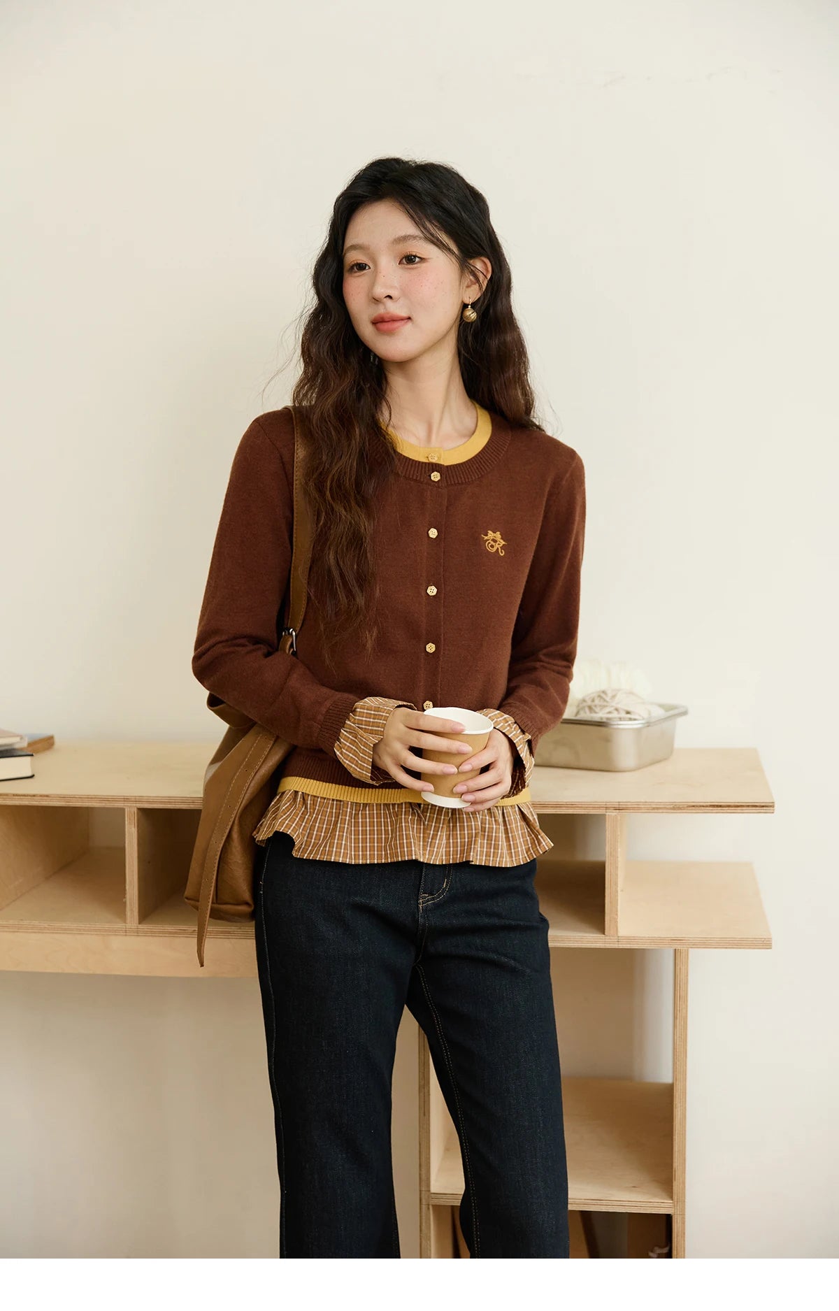 Mishow Fake Two Bow Embroidered Plaid Splicing Sweater MXE46Z2495