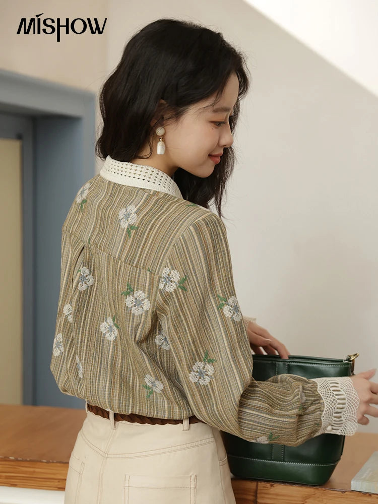 MISHOW Embroidered Shirt Hollowed Out Woven Lapel Lace Cuffs MXE44C2393