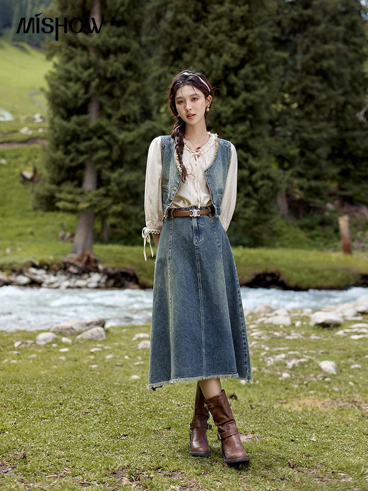 Mishow Retro Blue Denim Tassel Hem Vest MXD41W0387