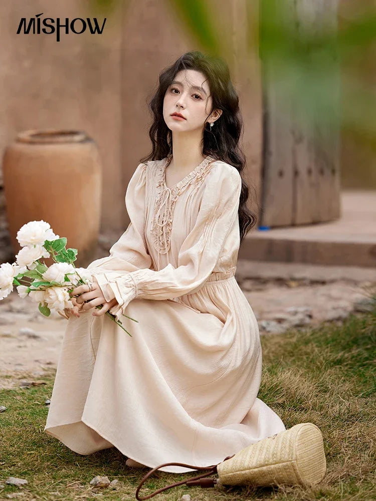 Mishow Pink Fungus Edge V-Neck Lace-Up Dress MXE11L2087