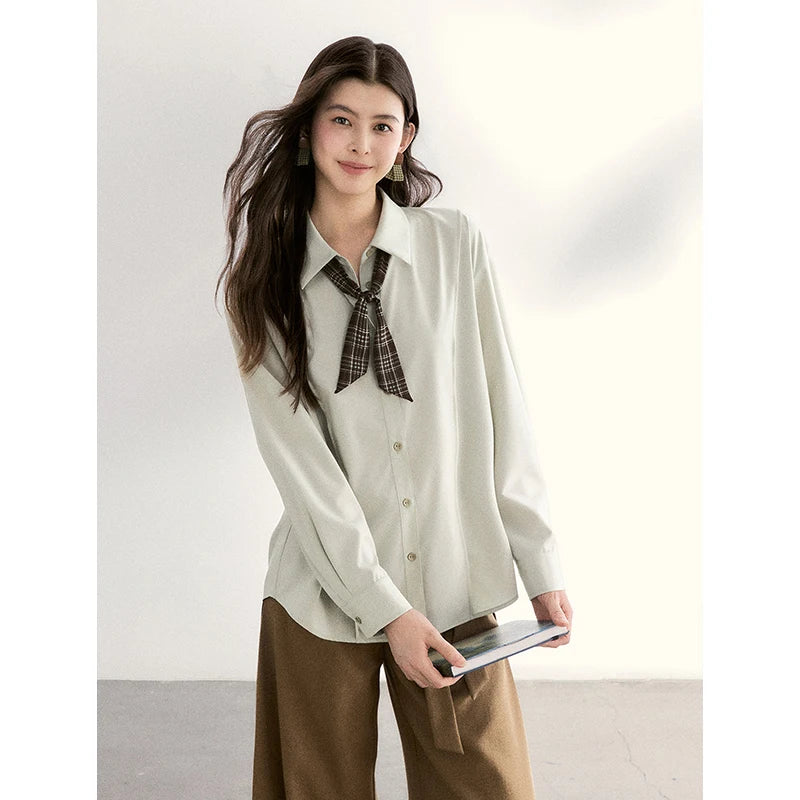 MISHOW Casual Loose Shirt with Plaid Scarf Lapel Top MXF108C0815