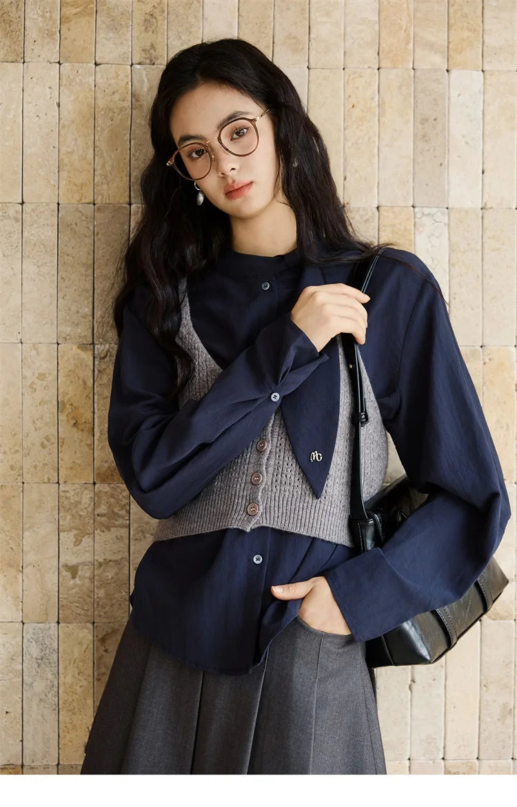 MISHOW Navy Ribbon Layered Shirt Knit Camisole Two-Piece Set MXE47T1412