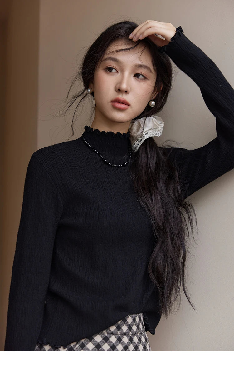 Mishow Ruffled Edge High Collar Slim Knit Top MXD48Z0850