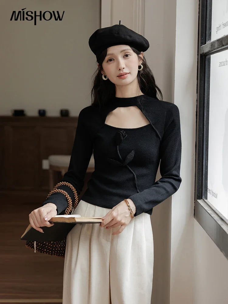 Mishow French Vintage Black Hollow Mock Neck Sweater MXD42Z0731
