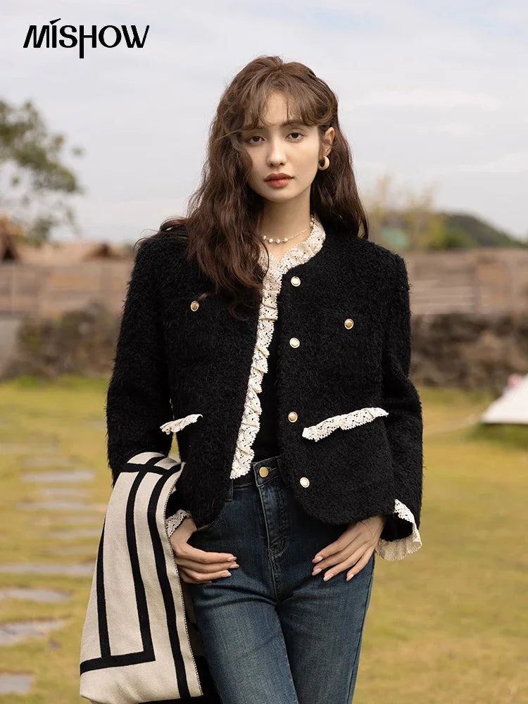 MISHOW Wool Coat Lace Splicing Lamb Wool Button Pockets MXB43W0720