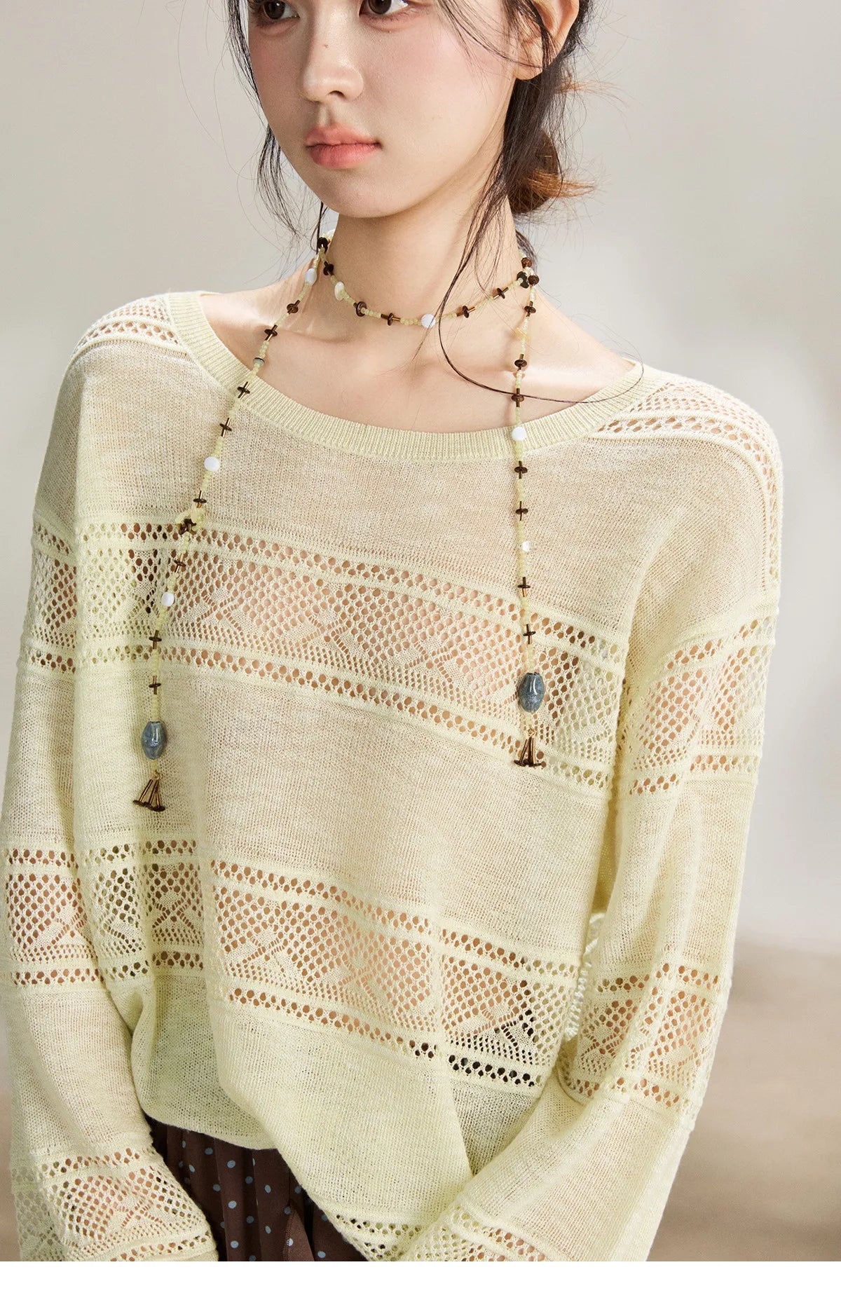 Mishow Pale Yellow Crew Neck Hollow Top MXF13Z3020