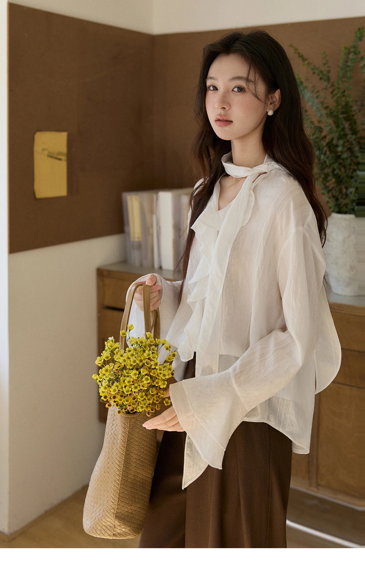 MISHOW Ruffle Trim Chiffon Blouse Detachable Scarf MXF108X0999