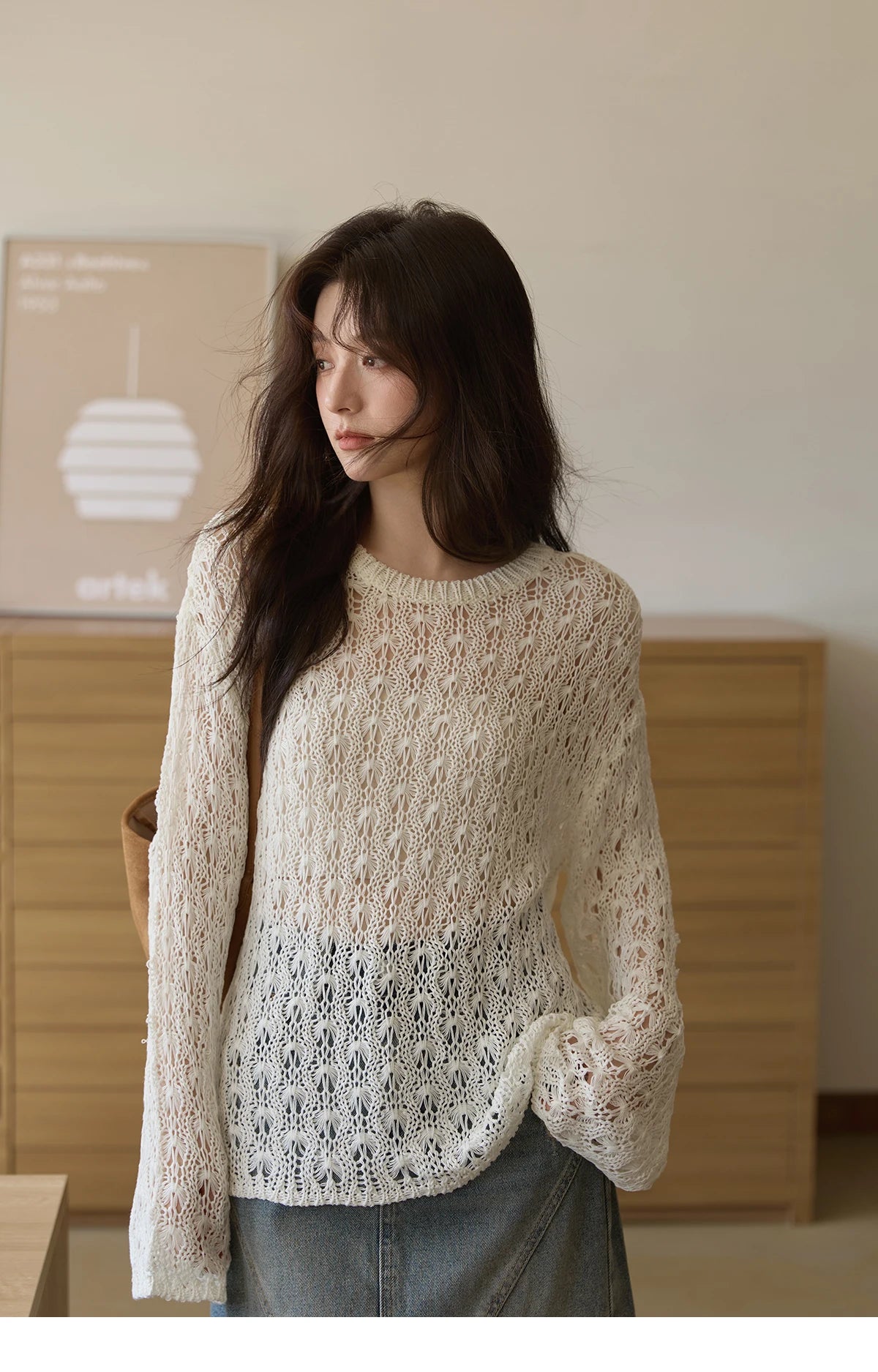 Mishow Hollow Jacquard Dropped Sleeve Sweater MXE43Z1360