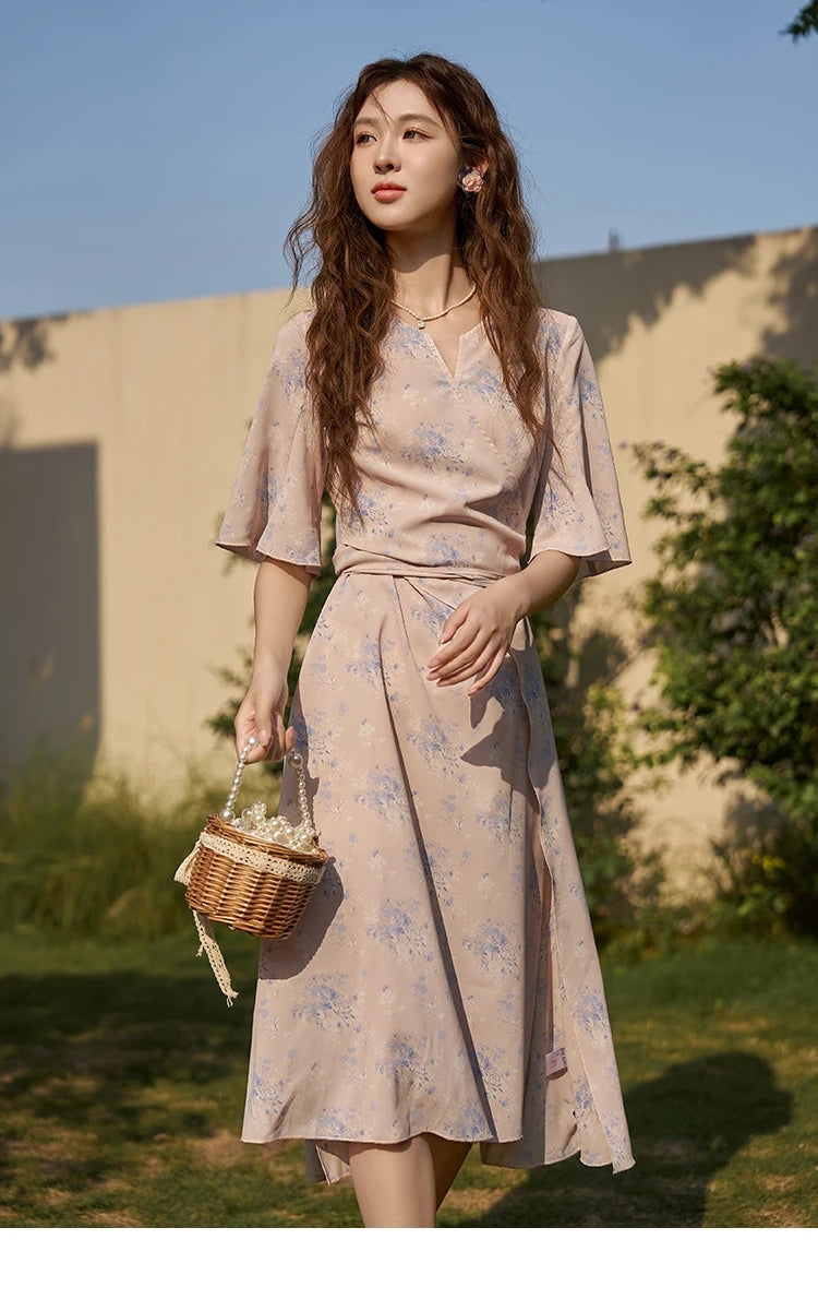 Mishow French Floral Puff Sleeve Lace-Up Dress MXC38L1413
