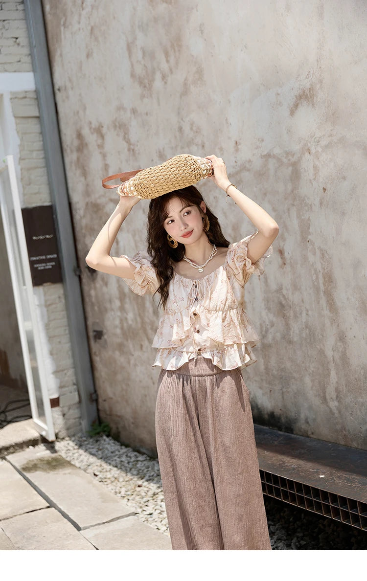 MISHOW Floral Print Square Neck Shirt Bubble Sleeve Patchwork MXD30X1565