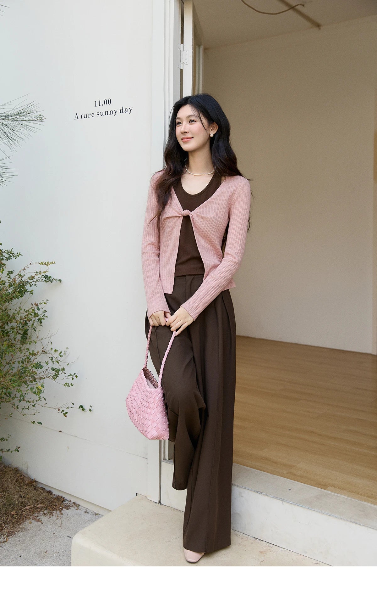 Mishow Pink Brown Fake Two-Piece Knot Front Top MXF11Z2912