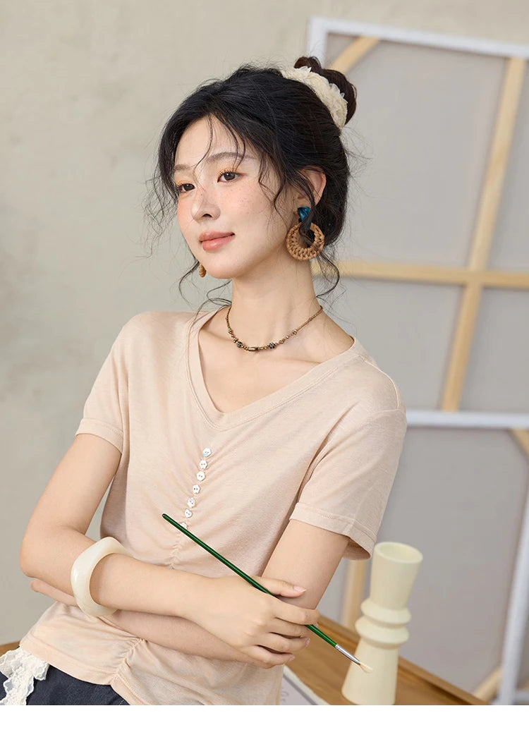 Mishow V-Neck Front Elastic Shell Button Tee MXE34T0560