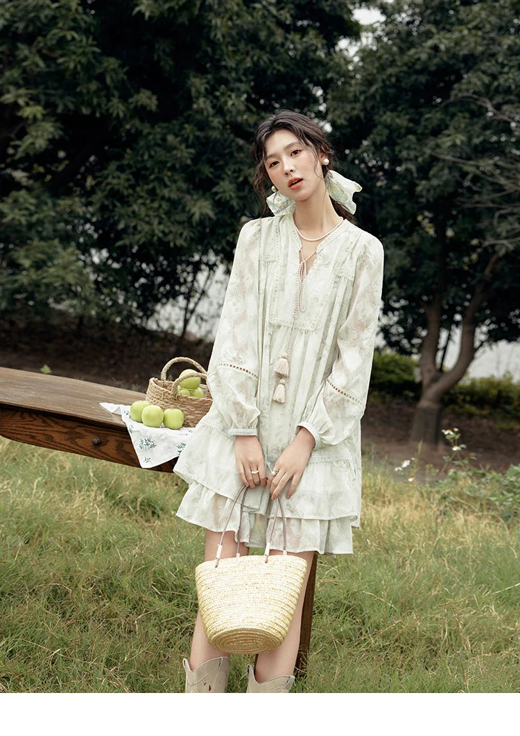 Mishow Floral V-Neck Tassel Lantern Sleeve Dress MXE15L2121