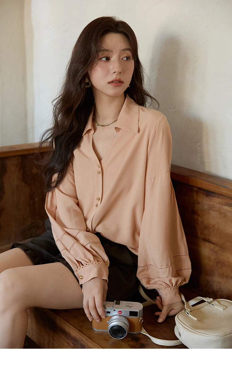 MISHOW Women's Lantern Sleeve Hollow Out Shirt Lapel Solid Top MXE41C2359