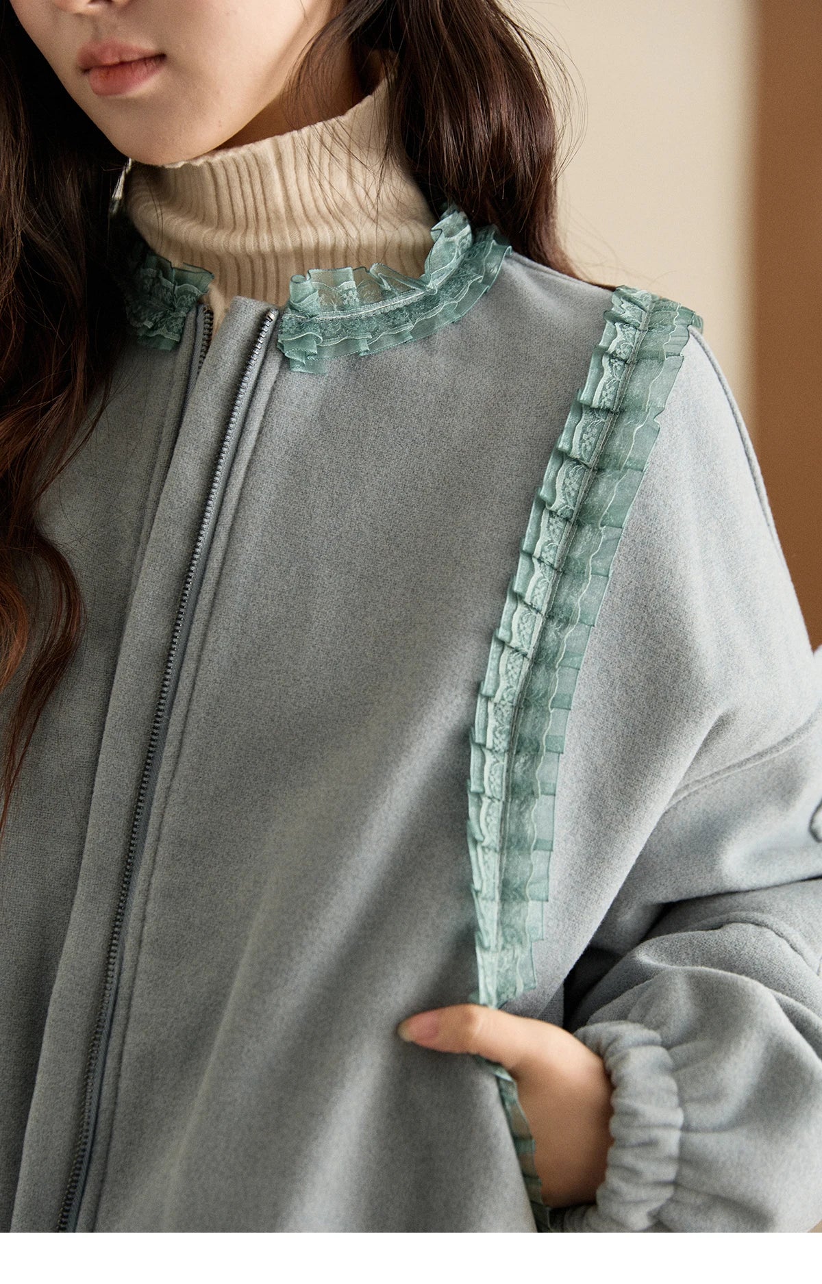 Mishow Light Blue Lace Trim Puff Sleeve Down Coat MXE94W1048