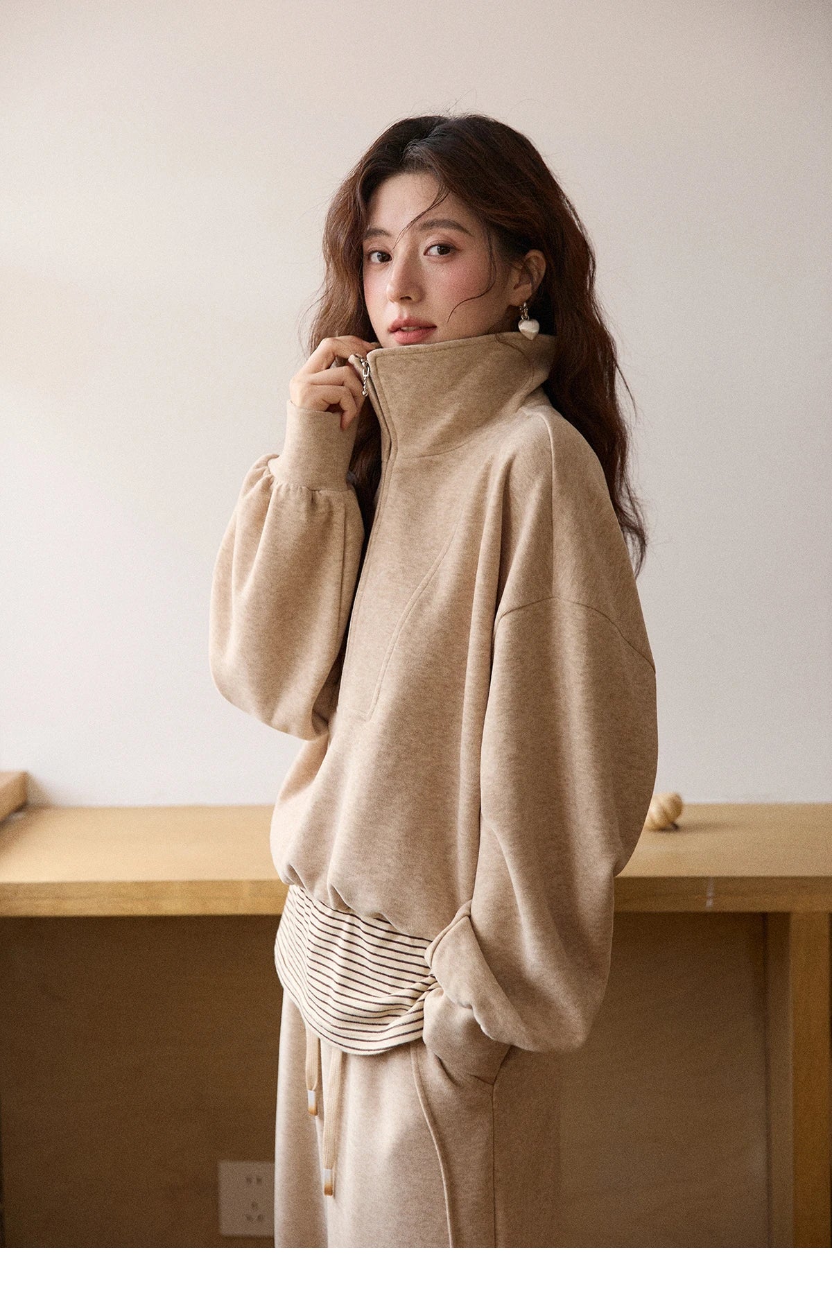 Mishow Retro Striped Lapel Half-Zip Sweatshirt & Wide Leg Pants Set MXE87T1425