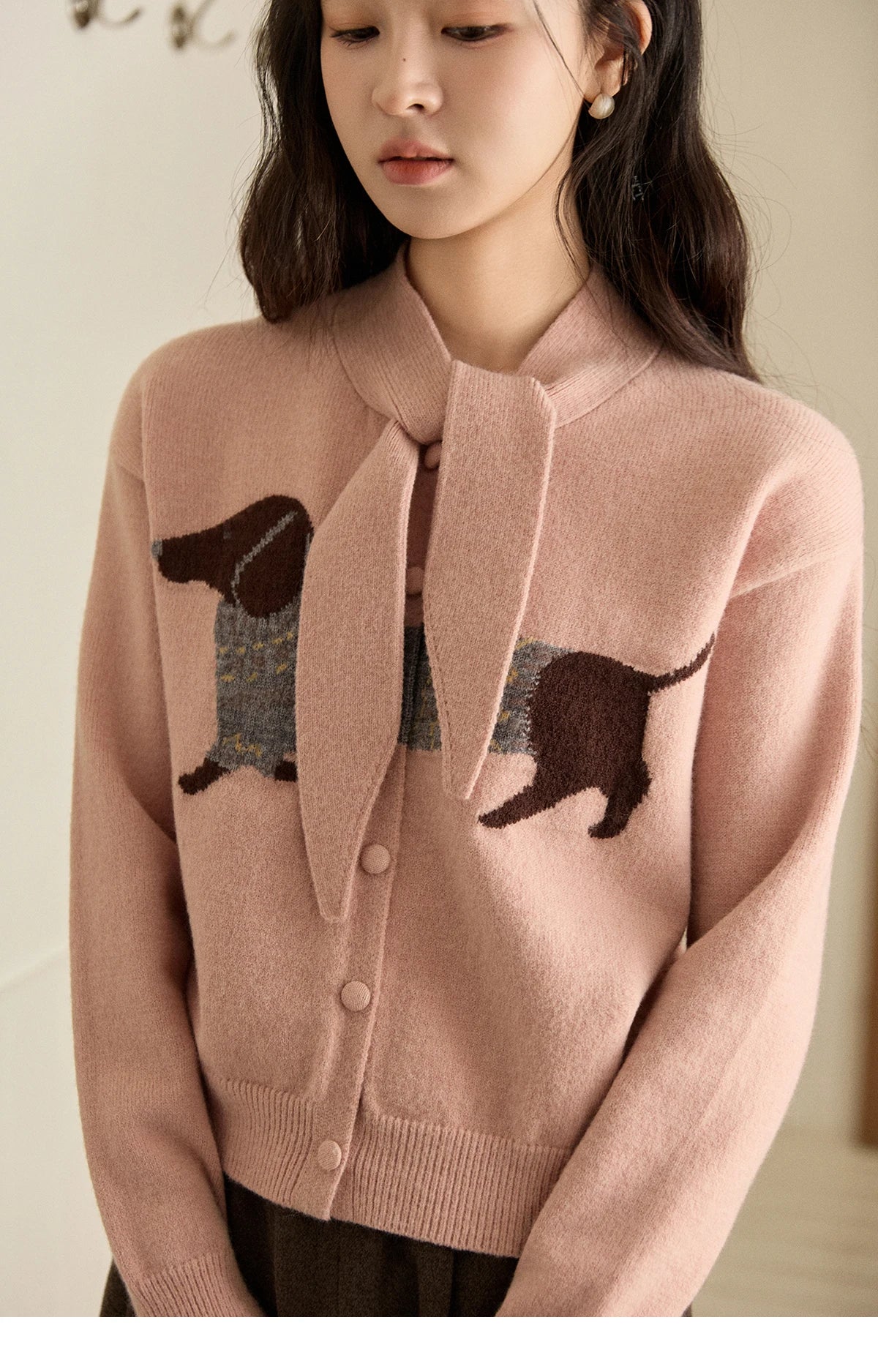Mishow Pink Dachshund Pattern Bow Collar Cardigan MXE94Z2997