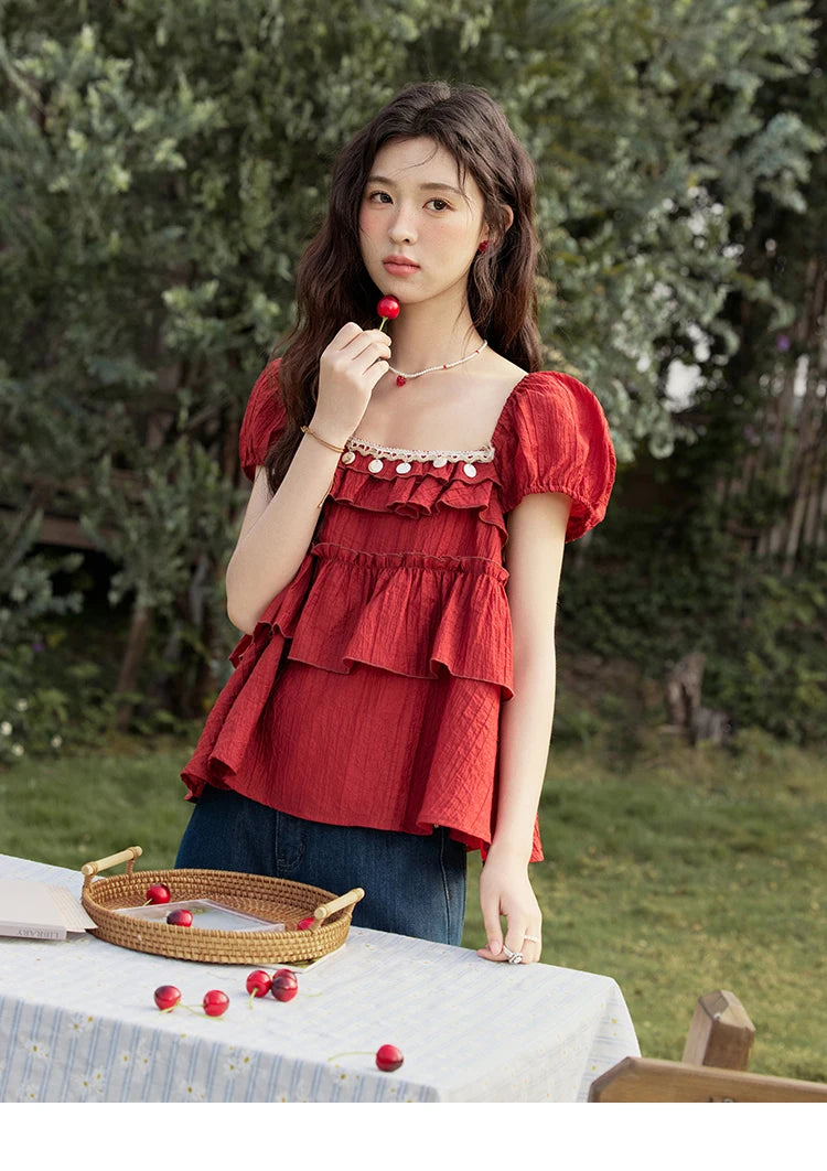 MISHOW French Square Collar Blouse Cake Ribbon Short Sleeve MXE33X1763
