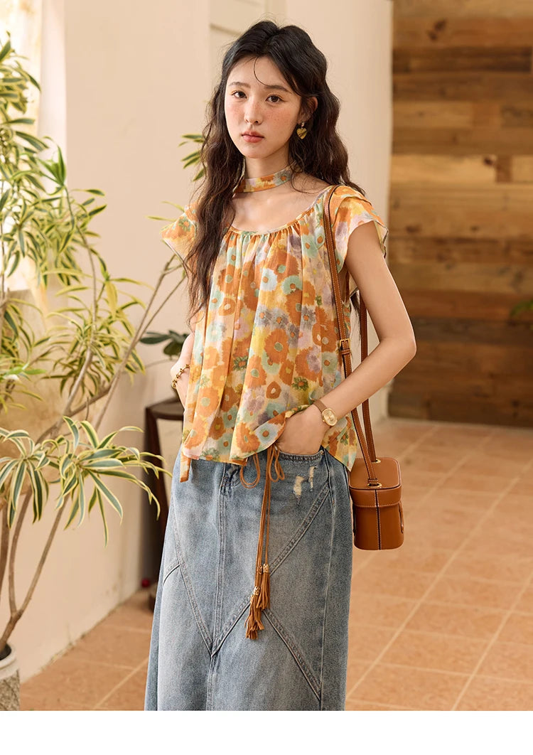 MISHOW Cotton Citrus Oil Painting Blouse Flying Sleeve MXE36X1872