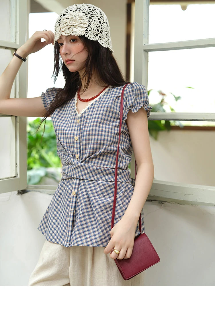 MISHOW Garment Sleeves Plaid Shirt Lace V-Neck Button Belt MXE36X1814