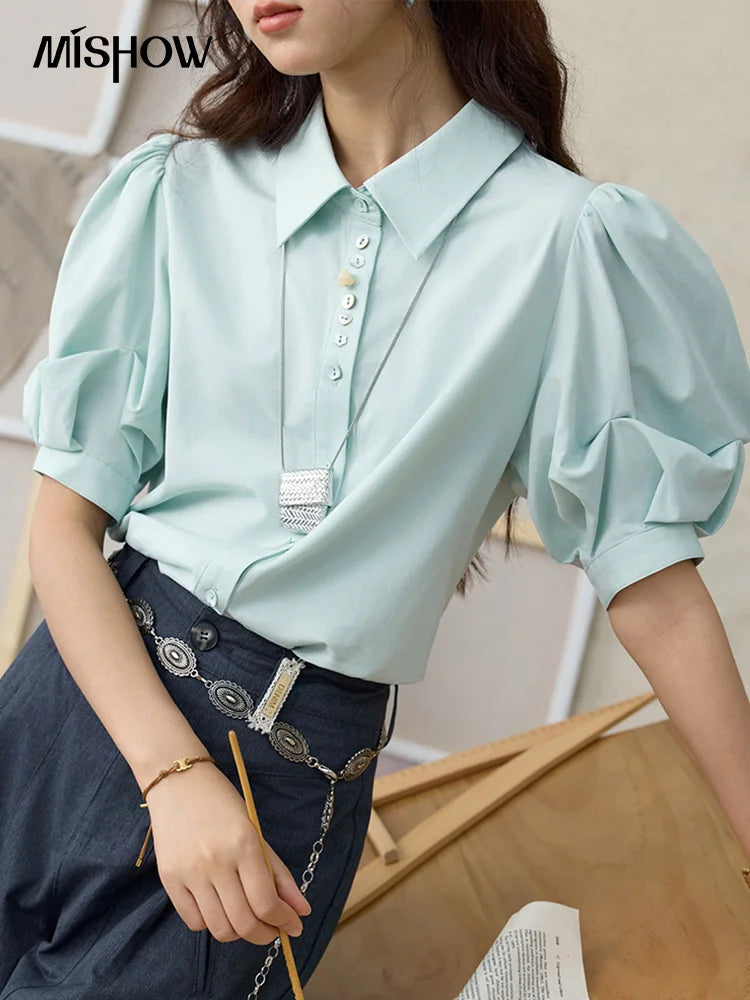 MISHOW Light Green Bubble Sleeve Shirt Lapel Collar Irregular Buttons MXE34C0788