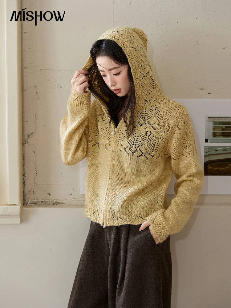 Mishow Yellow Hooded Zipper Hollow Cardigan MXE46Z2584