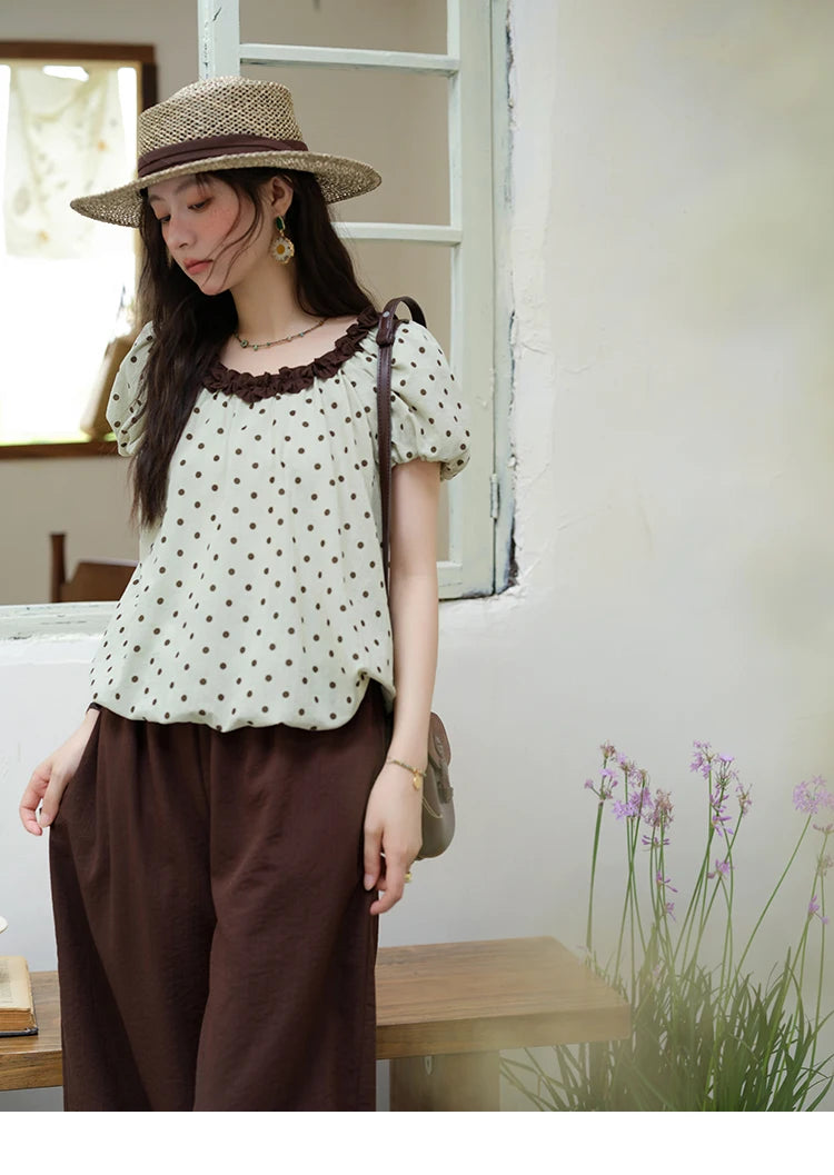 Mishow Polka Dot Puff Sleeve Top & Wide Leg Pants Set MXE39T0657