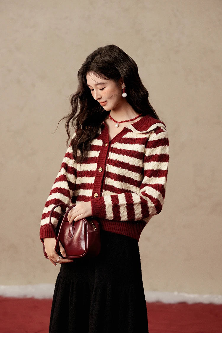 Mishow Christmas Red Striped Wool Blend Cropped Cardigan MXD58Z1038