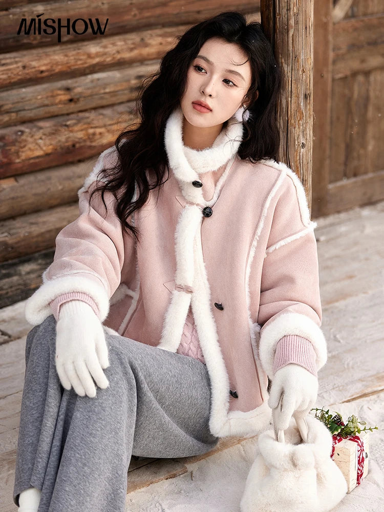 Mishow Suede Plush Fur Collar Jacket with Bag MXD57W0737