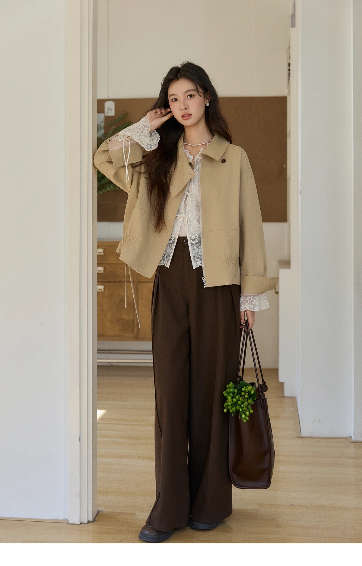 MISHOW Khaki Cropped Jacket Asymmetrical Collar Drawstring Waist MXF11W1029