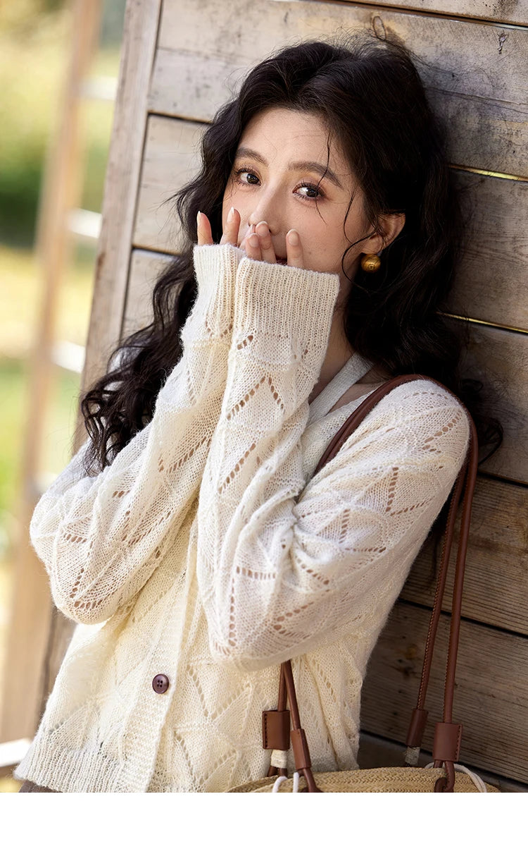 Mishow French Diamond Plaid V-Neck Hollow Cardigan MXE11Z1198