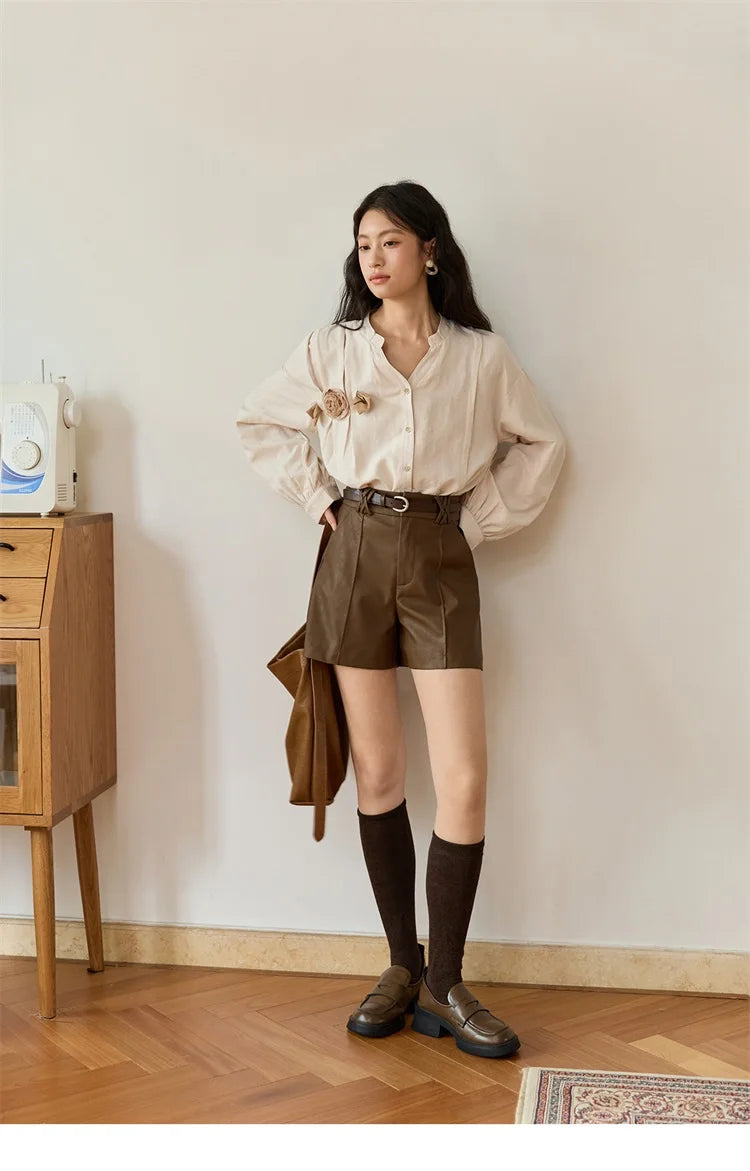 Mishow PU Leather High Waist A-Line Shorts with Slanted Pockets MXE48K1086
