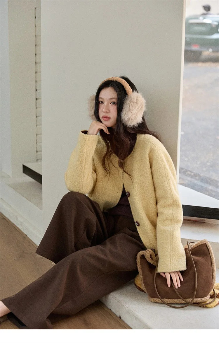 MISHOW Brown Wool Quilted Coat Round Neck Short Loose MXE87W0935
