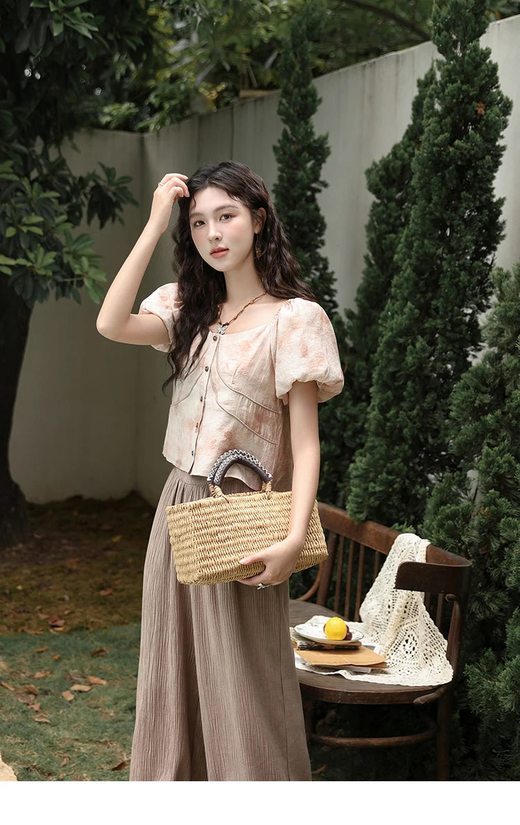 MISHOW Contrast Halo Print Blouse Square Collar Puff Sleeve MXD30X1562