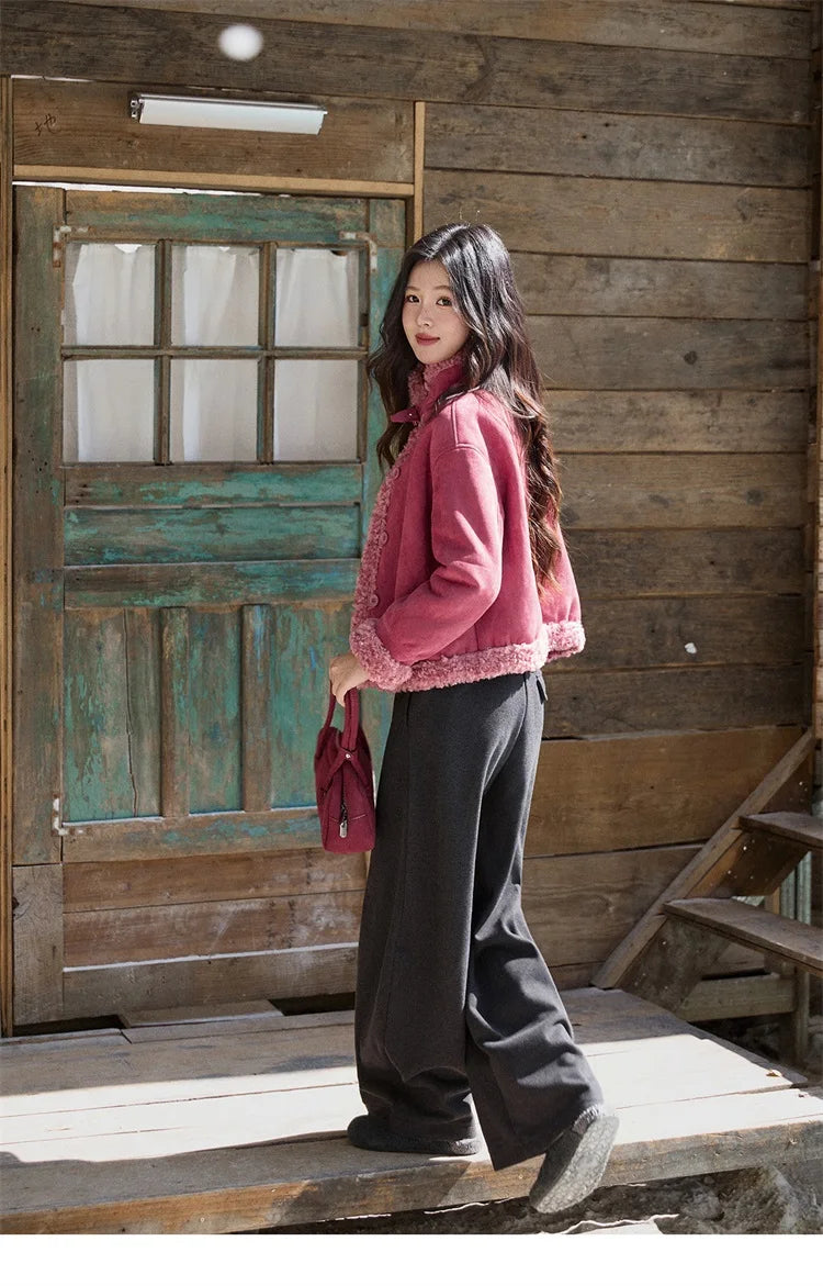 Mishow Dragon Fruit Red Suede Patchwork Coat MXE87W0942