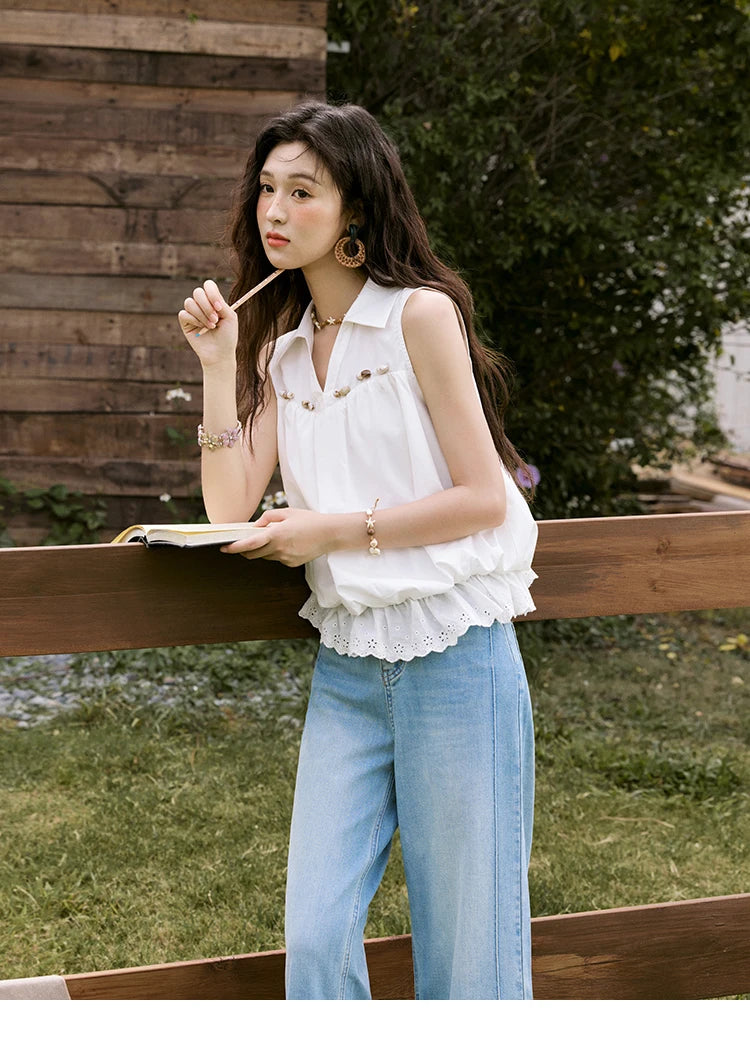 MISHOW Sleeveless Blouse Turn-Down Collar Hollow Lace MXE31X1760