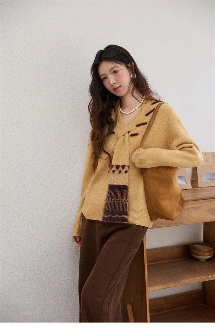 Mishow Yellow V-Neck French Workwear Pullover MXE87Z2771