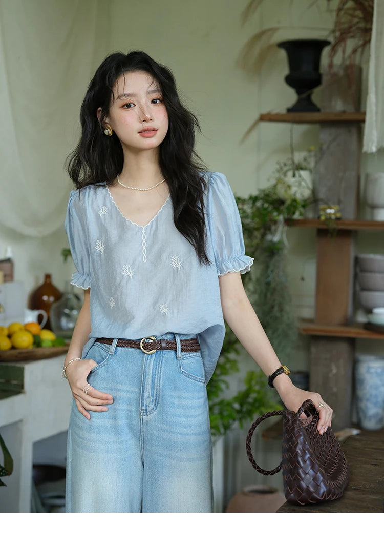MISHOW Coral Embroidery Blouse V-Neck Puff Sleeve MXE37X1850