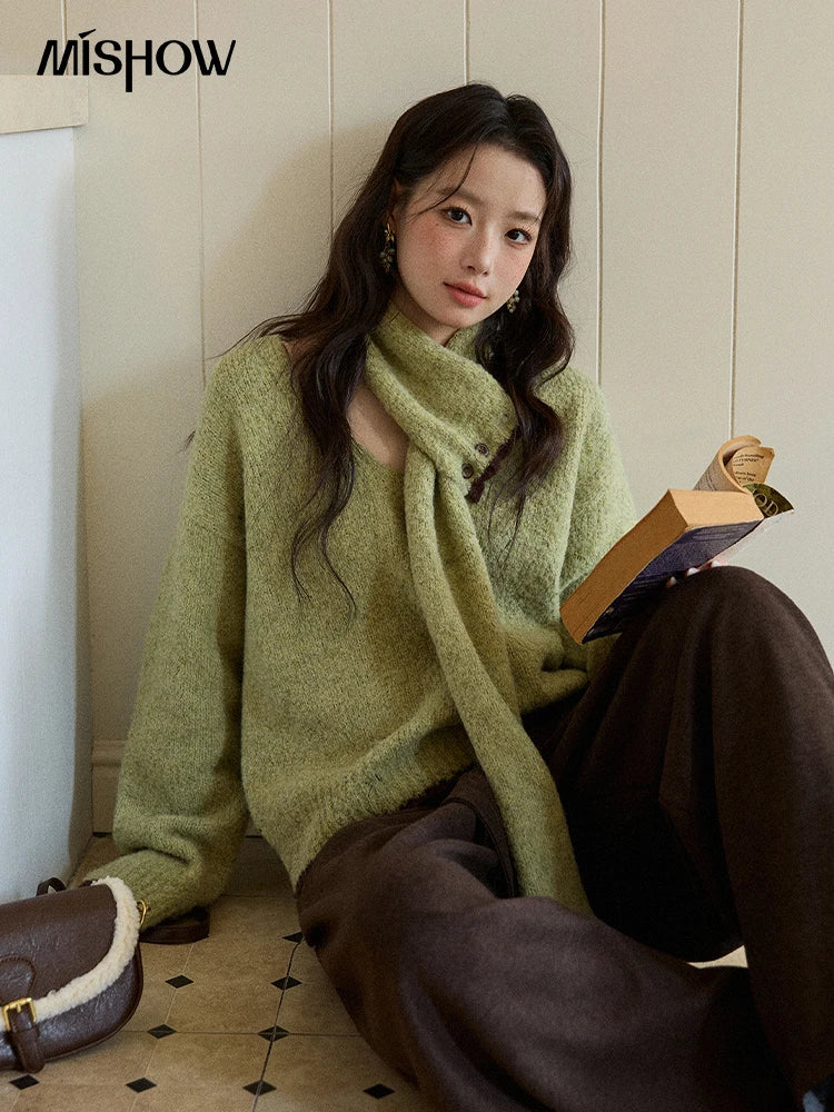 Mishow Green Detachable Scarf V-Neck Pullover MXE90Z2791