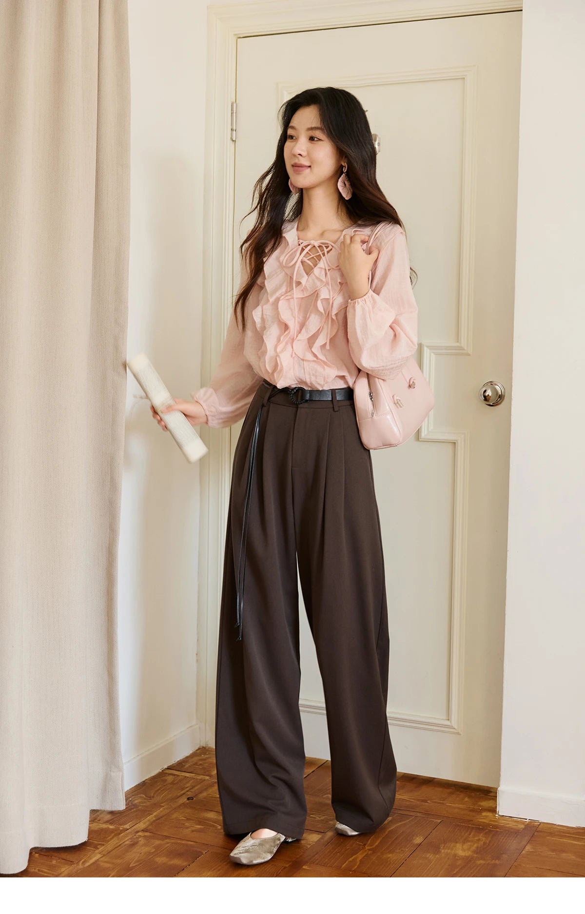 MISHOW Pink Ruffled Blouse V-Neck Lace Up Lantern Sleeve MXE49X2504