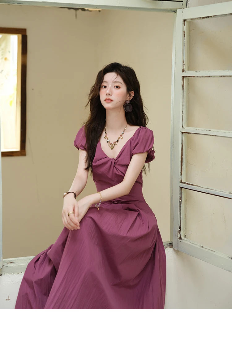Mishow V-Neck Puff Sleeve Solid Vacation Dress MXE39L2384