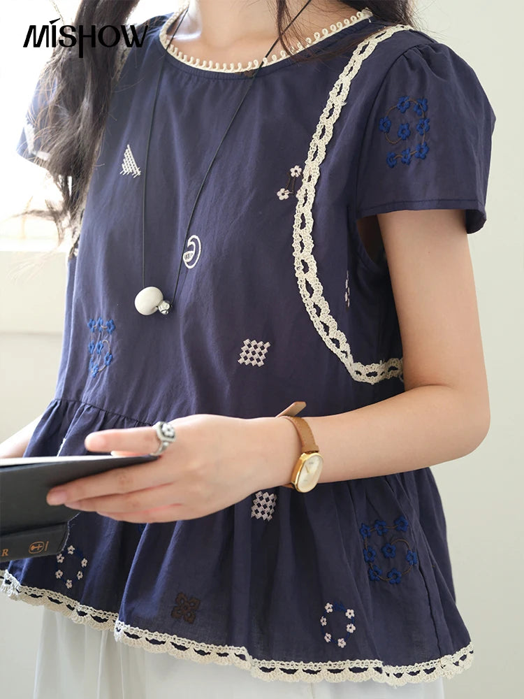 MISHOW O-Neck Spliced Lace Blouse Embroidery Flower MXE39X1965
